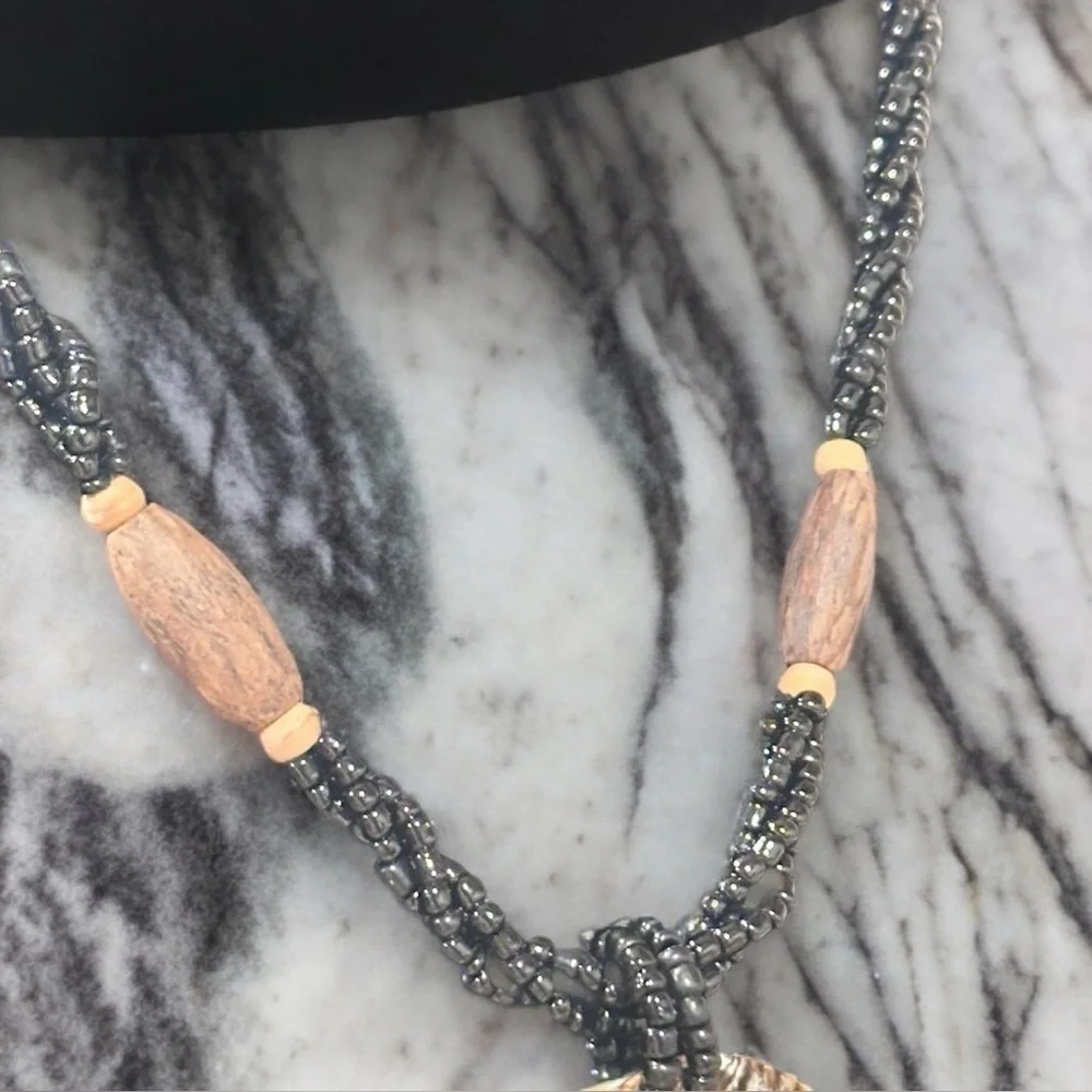 Unisex Bohemian Pendant Necklace Twisted Seed Bead With Abalone & Wooden Accent